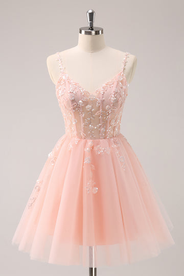 A Line Blush Spaghetti Straps Tulle Corset Sequins Homecoming Dress with Appliques